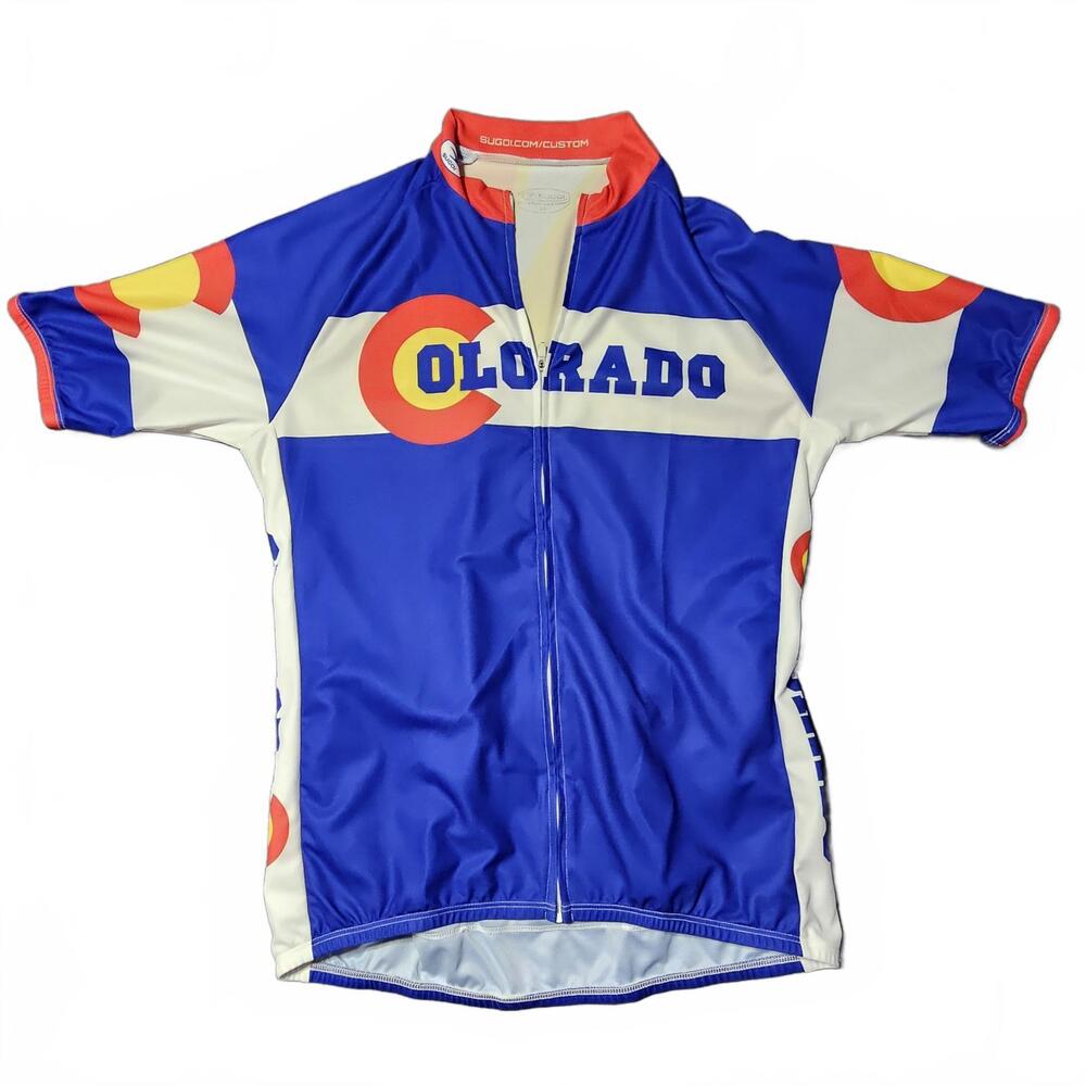 Sugoi Colorado Cycling Jersey Mens Large Blue Yellow Bicycle Riding Short Sleeve
